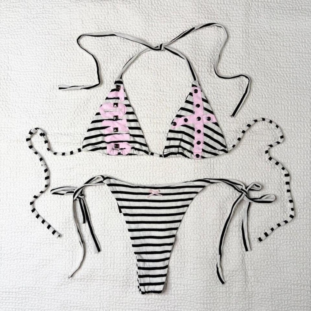 handmade studded stripe bikini set